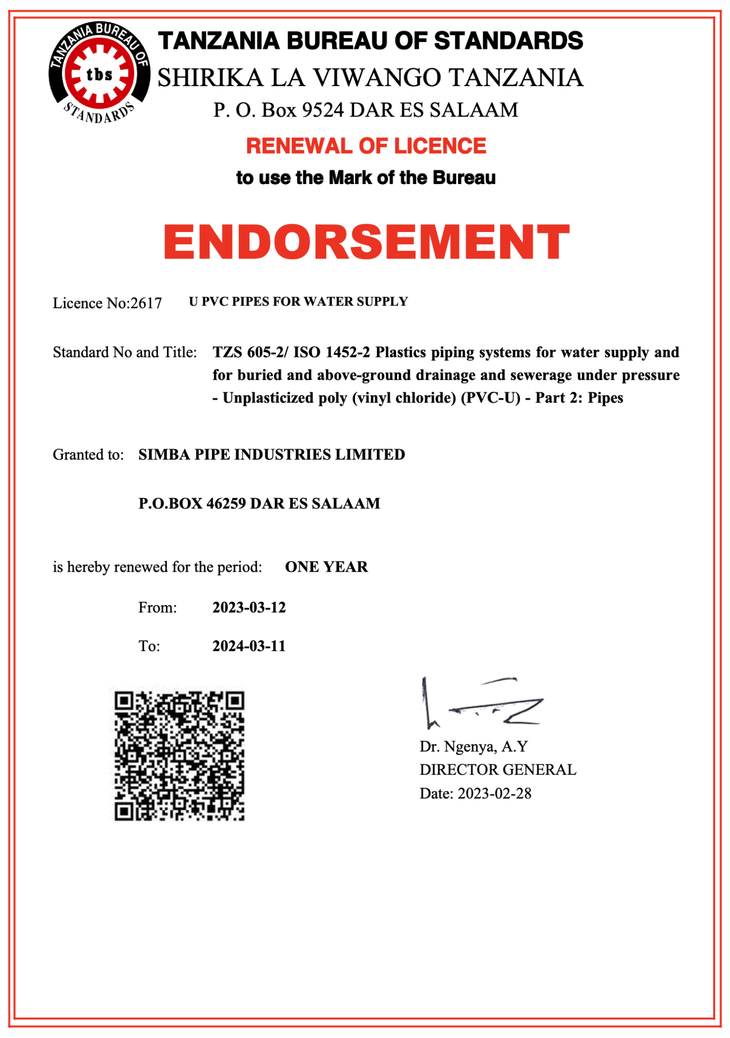 TBS UPVC Endorsement certificate 20232024 Simba Pipes Industry Limited